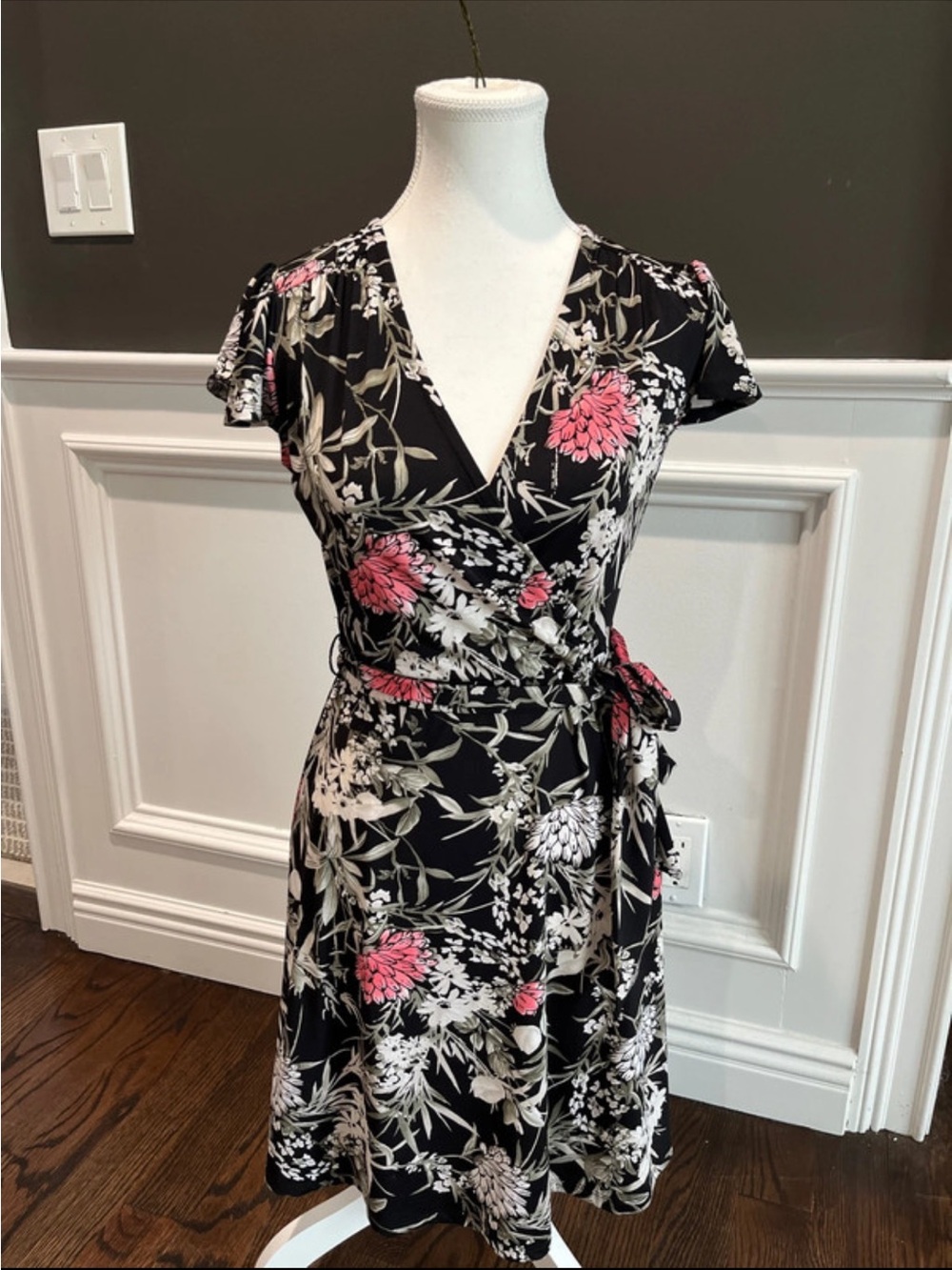 Black Floral Wrap Midi Dress with Pink & Cream Blooms NWOT